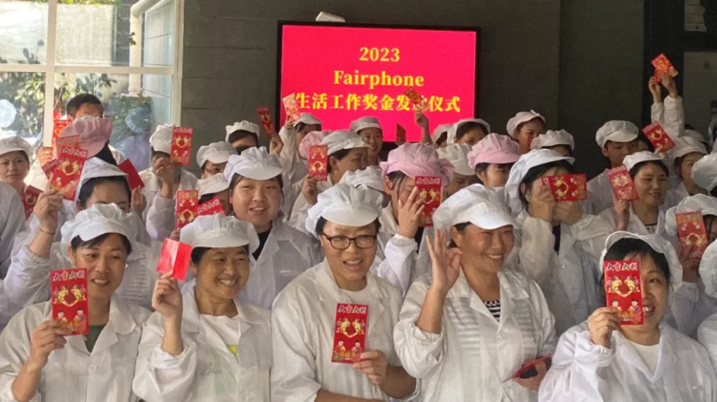 Fair Factories workers, symbolizing Fairphone's commitment to fair labor conditions and worker well-being in their supply chain.