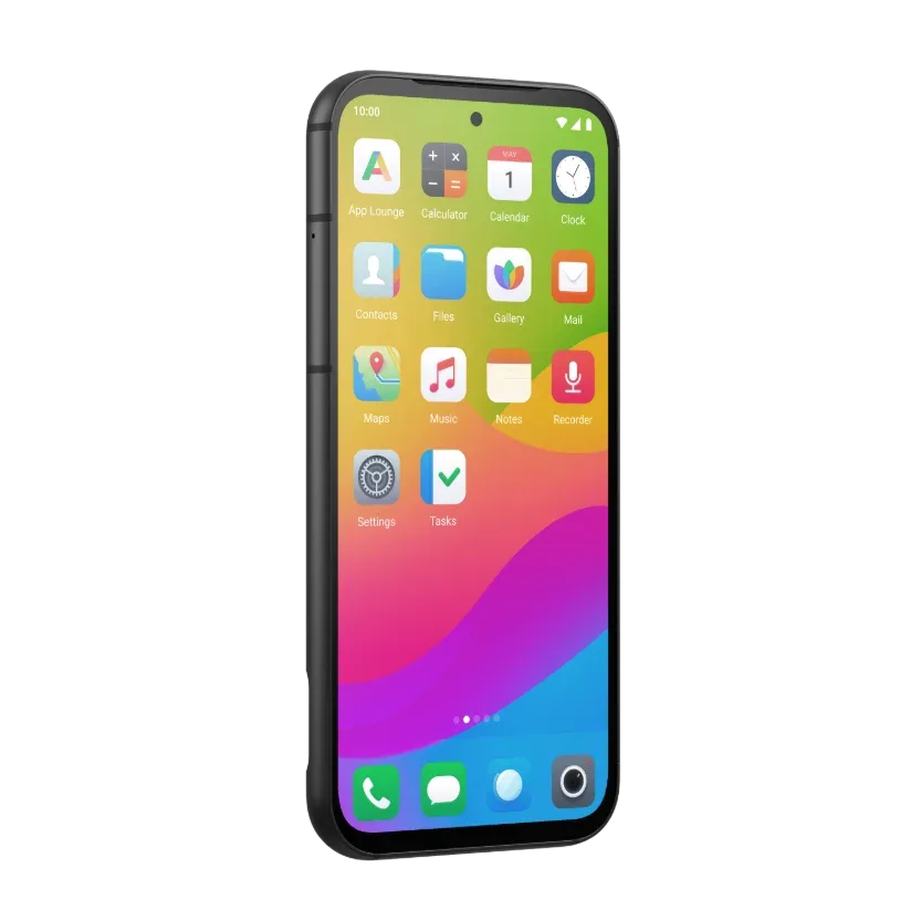 Fairphone 5 smartphone with /e/OS showing home screen apps with colourful background