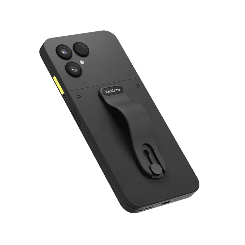 Rear view of a Horizon Black Fairphone Gen. 6 with a ring holder attachment