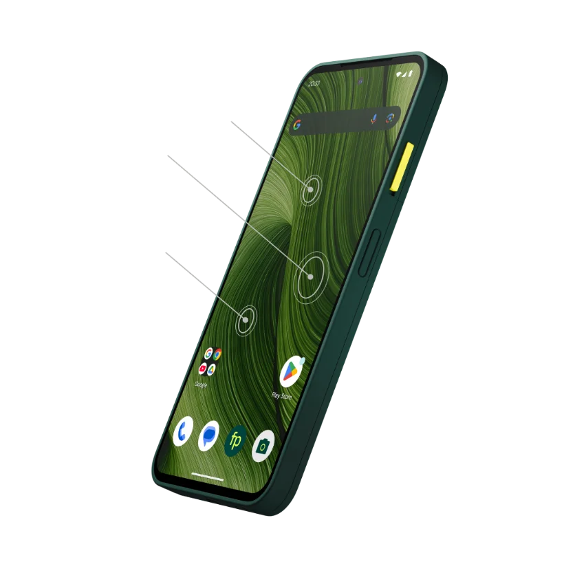 Side view of a green Fairphone Gen. 6 with a clean interface showing the green swirled background and apps.