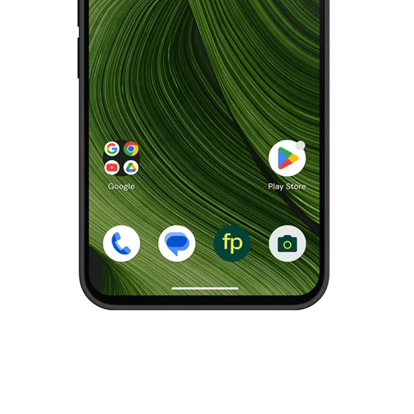 Fairphone screen showing common Android app icons like Google, Play Store, Phone, Messages, Fairphone app, and Camera, set against a green background.
