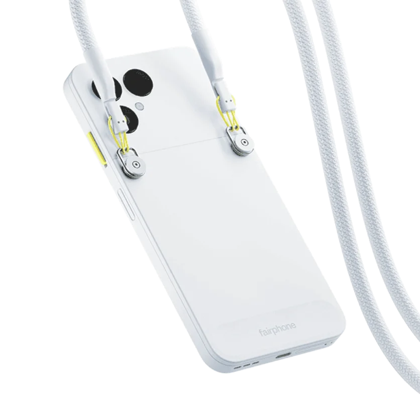 Rear view of a Fairphone Gen. 6 with a white lanyard accessory attached
