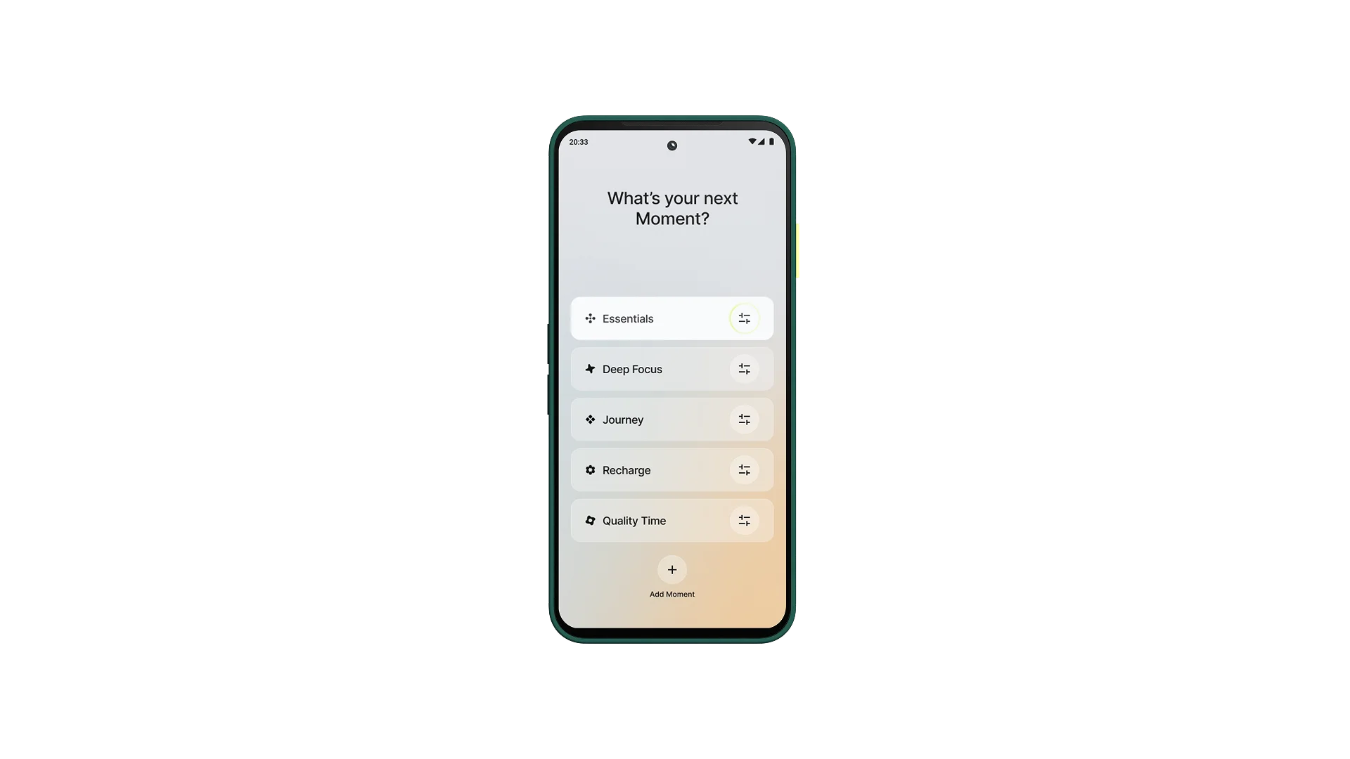 Front view of the Fairphone Gen. 6 with a clean minimalist interface showing only a few options for the 'moments' feature