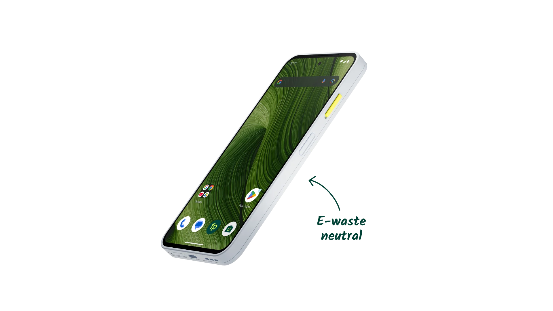 Fairphone Gen. 6 angled on black background with green‑screen display and arrow text ‘E‑waste neutral’ indicating sustainability impact