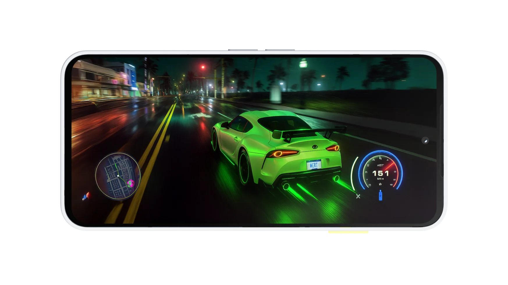 Front view of a white Fairphone Gen. 6 showing the full display playing a racing videogame