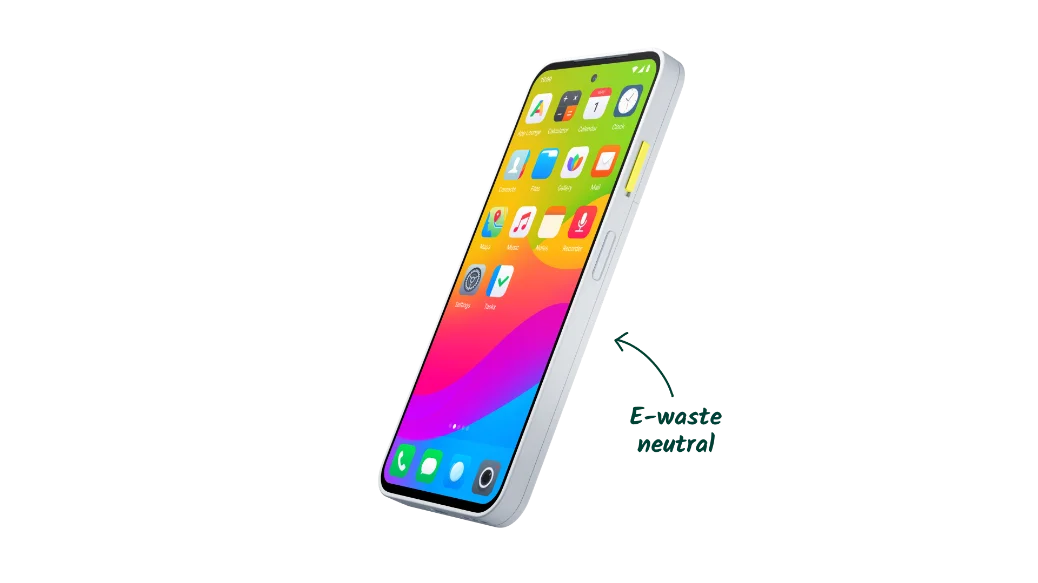 Fairphone Gen. 6 angled on black background with green‑screen display and arrow text ‘E‑waste neutral’ indicating sustainability impact