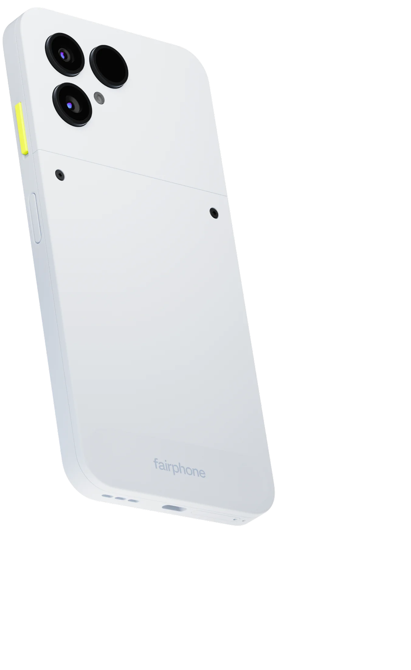Fairphone Gen. 6 showing a side view of the device with a visible lime switch, triple camera setup and sleek casing