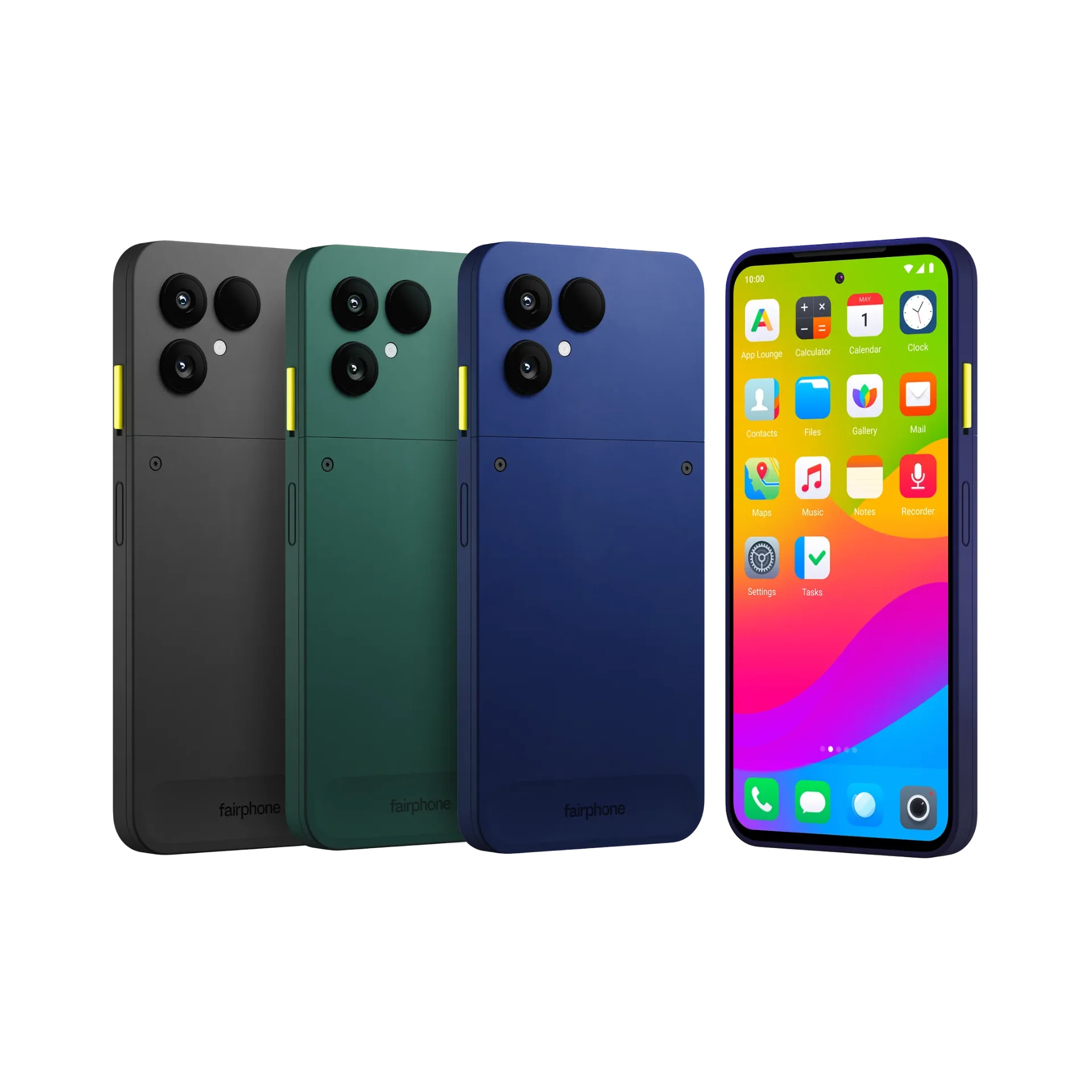 Fairphone Gen 6+ in green, black and cobalt blue, three rear views beside a blue one showing its home screen