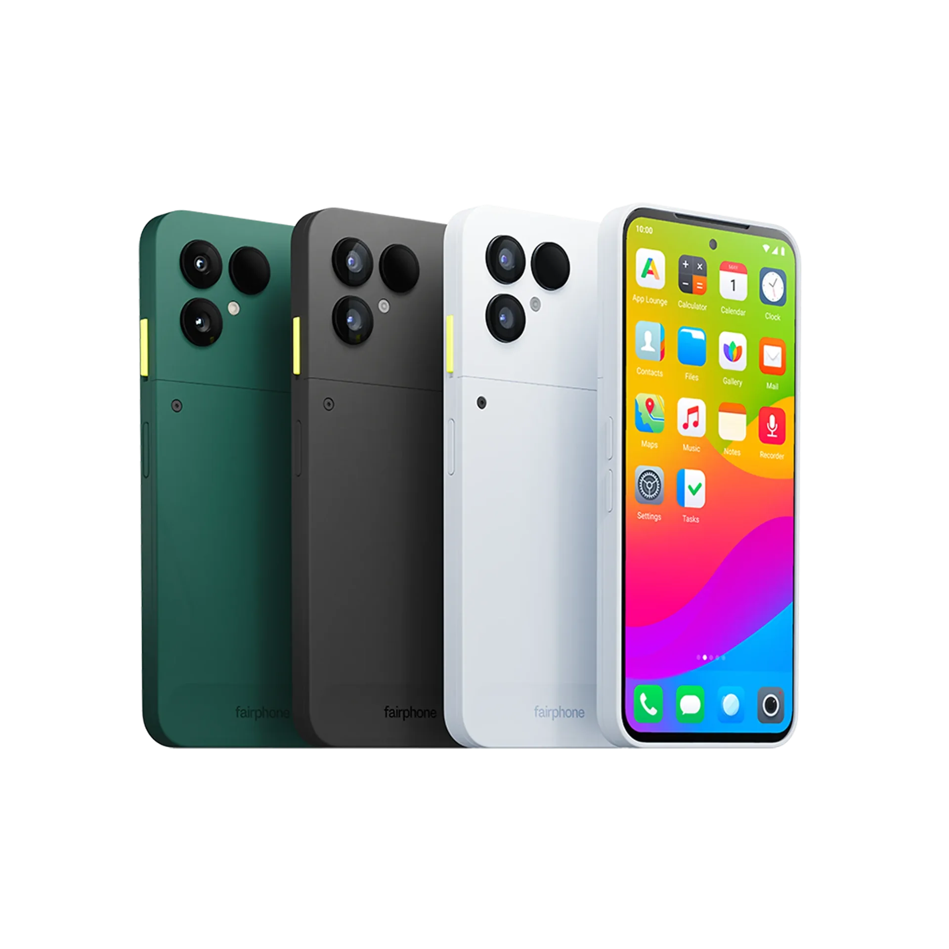 Fairphone Gen 6+ in green, black and cobalt blue, three rear views beside a blue one showing its home screen