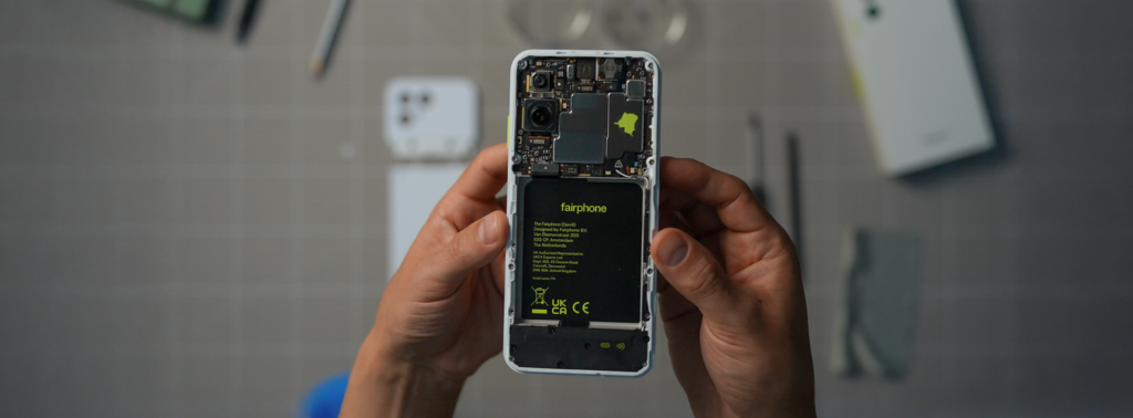 The Fairphone (Gen. 6) with the back cover off.