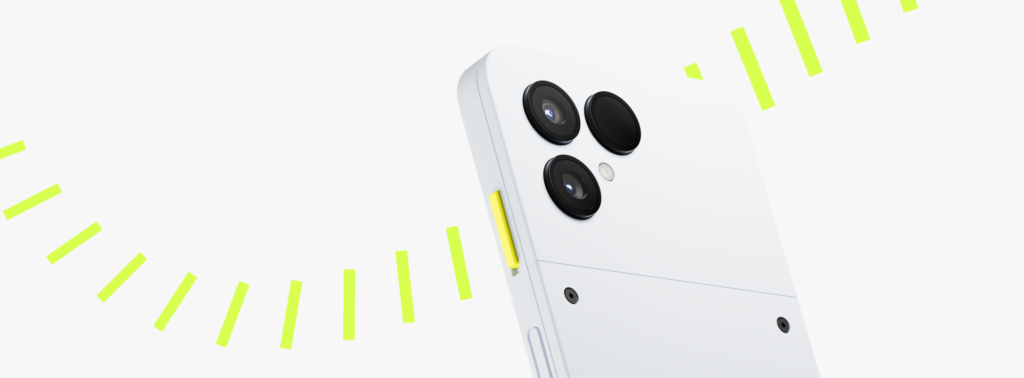 A render of the top half of the new Fairphone (Gen. 6) set againsta backdrop of stylistic lime-green Switch logos radiating outwards