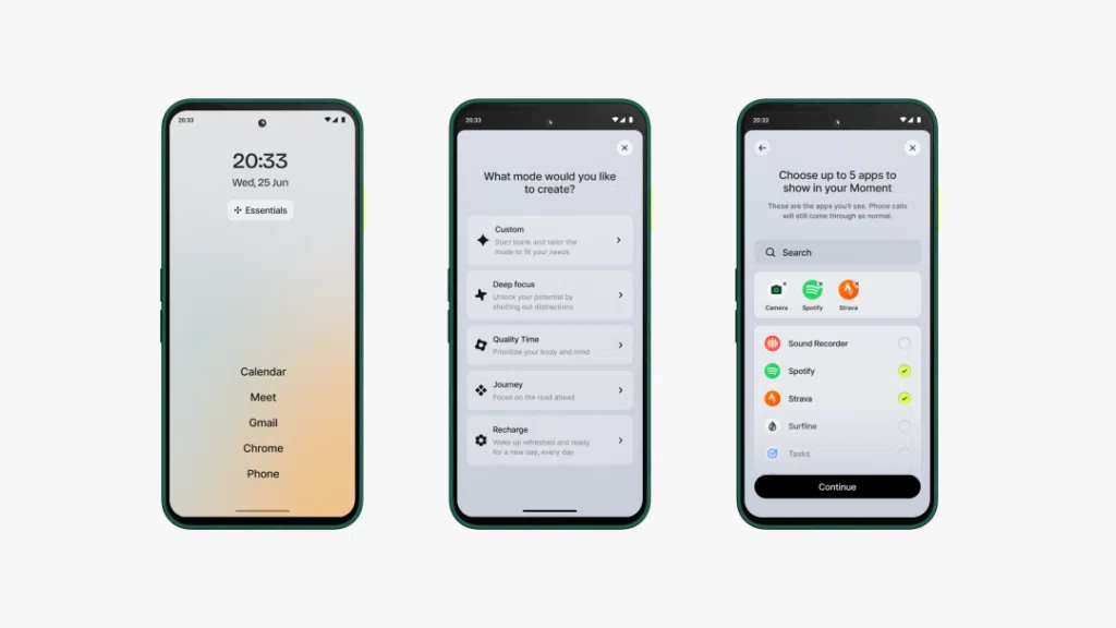 Les différents écrans des moments de Fairphone.